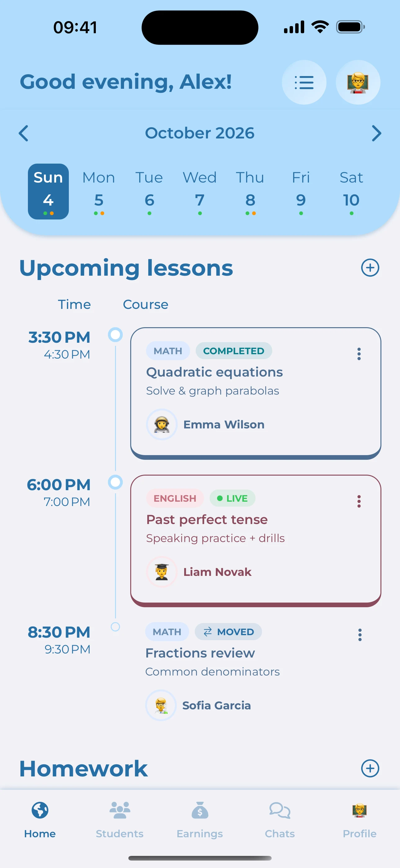 Teach Space mobile app showing your weekly schedule and upcoming lessons
