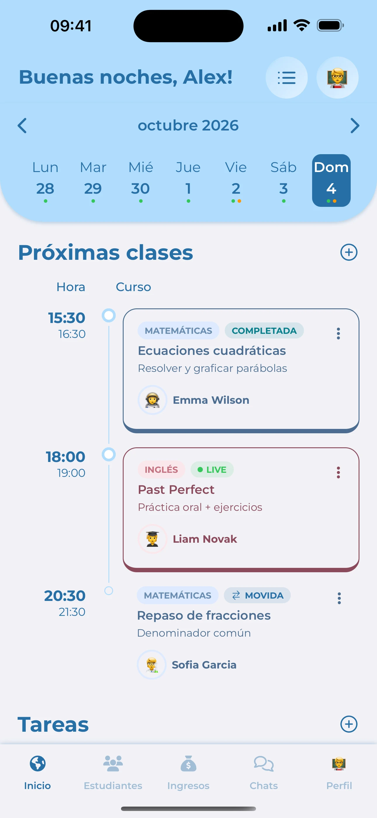 La app móvil de Teach Space con el horario semanal y las próximas clases