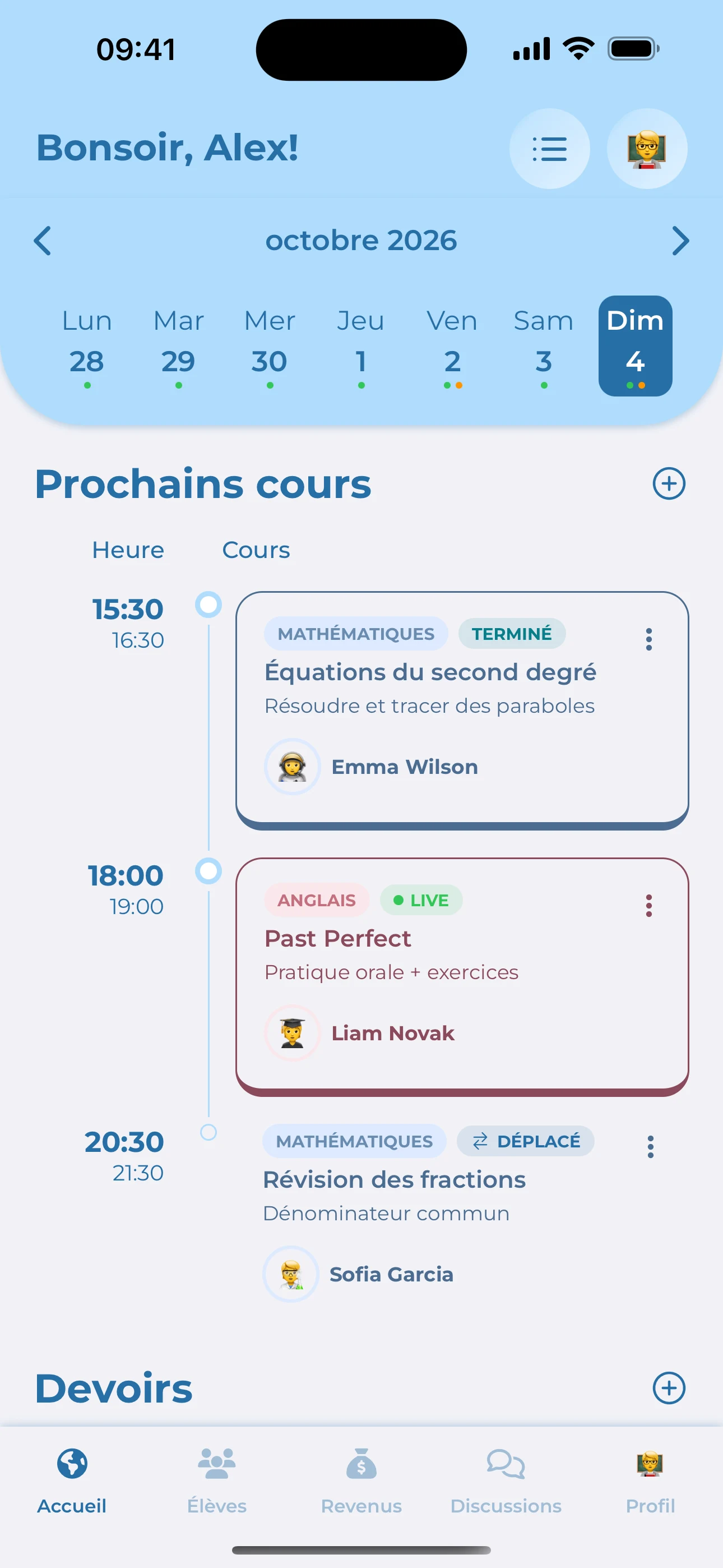 L’application mobile Teach Space affiche votre planning hebdomadaire et vos prochains cours
