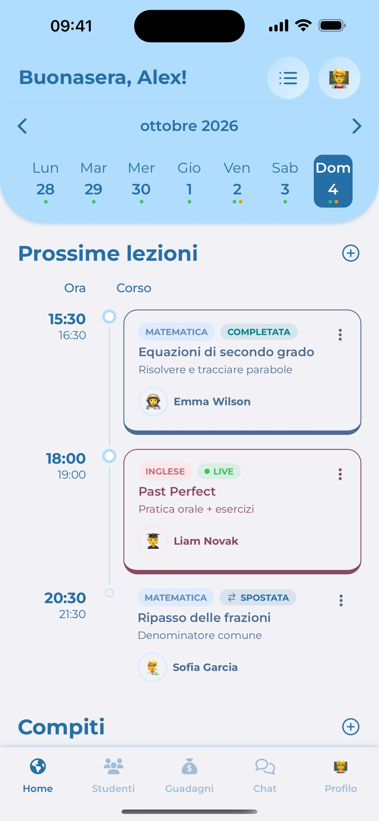 L’app mobile Teach Space mostra il calendario settimanale e le prossime lezioni
