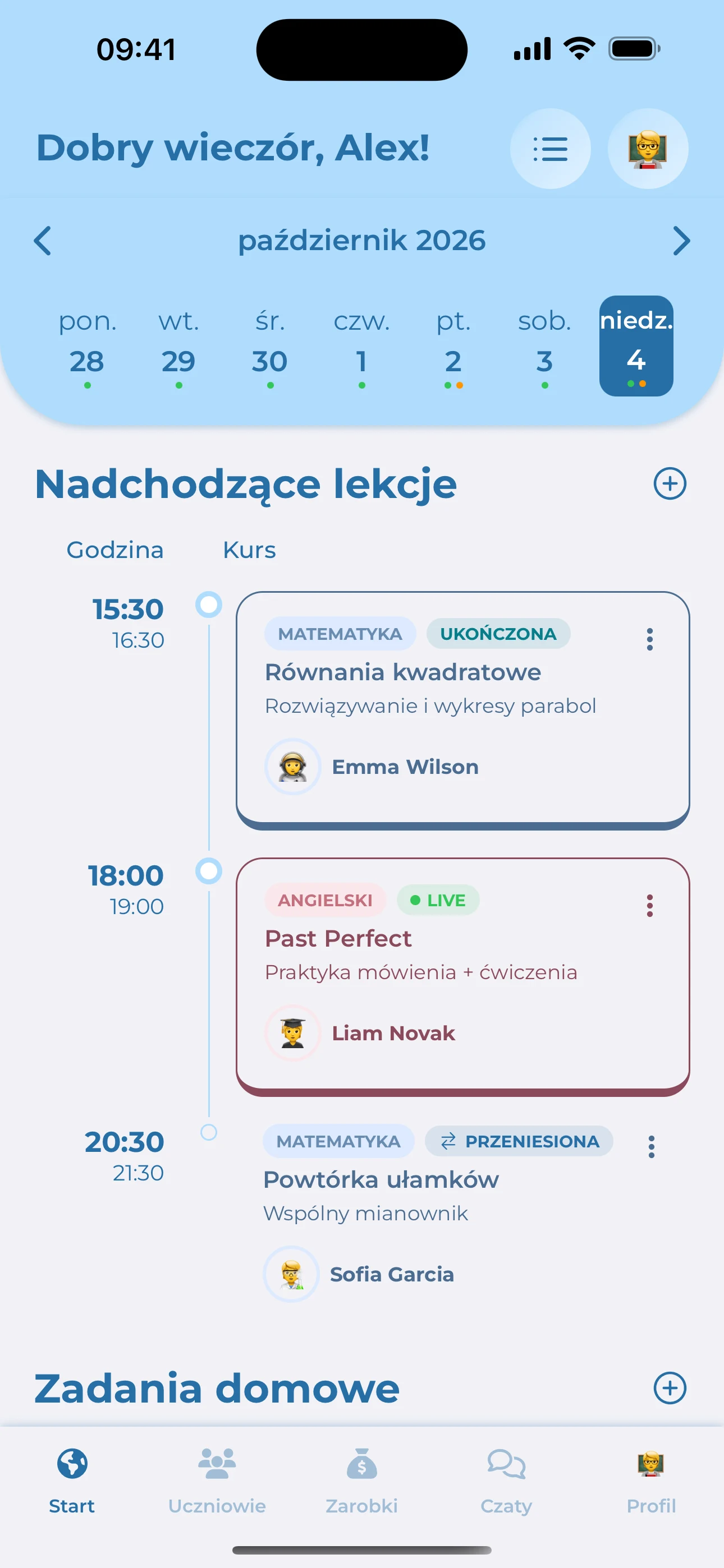 Aplikacja mobilna Teach Space z tygodniowym planem i nadchodzącymi lekcjami