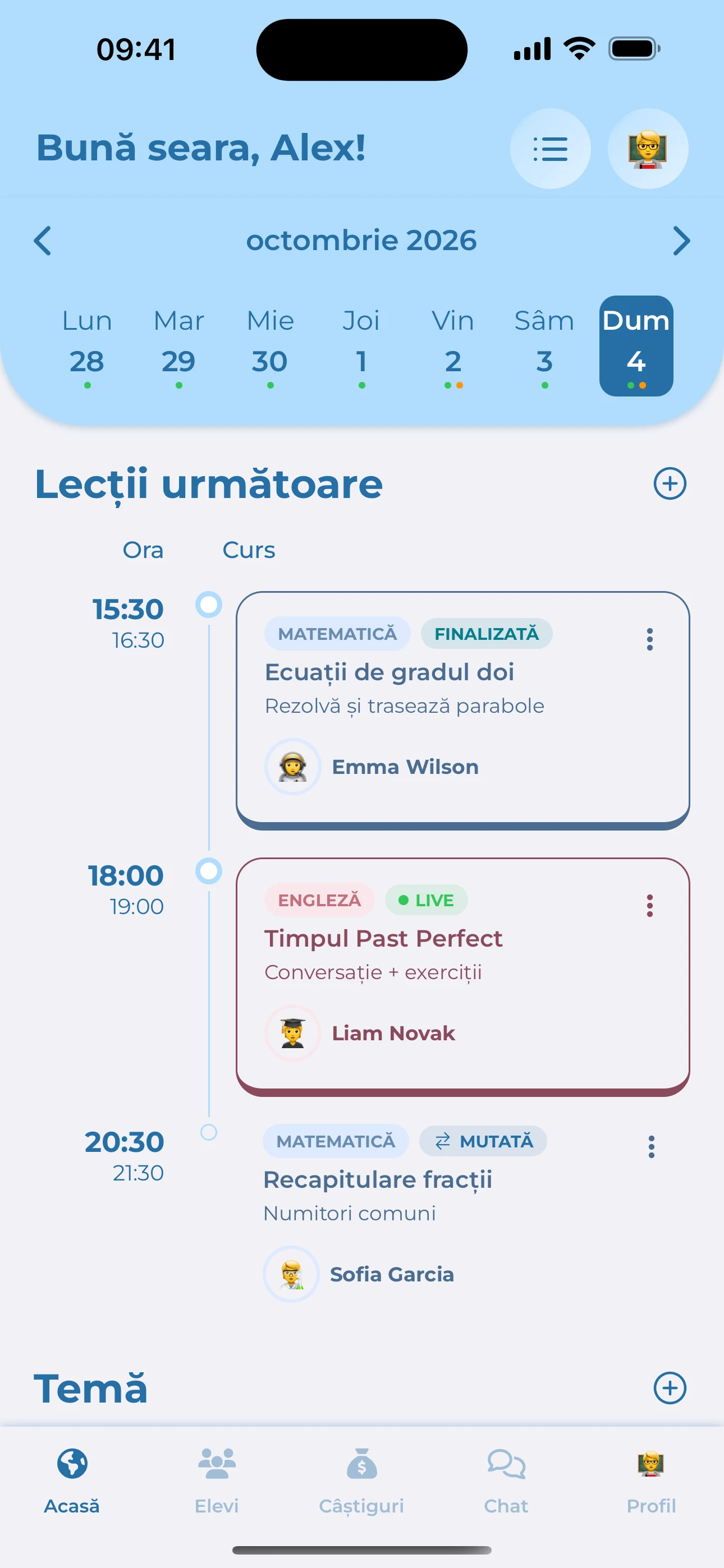 Aplicația mobilă Teach Space cu orarul săptămânal și lecțiile următoare
